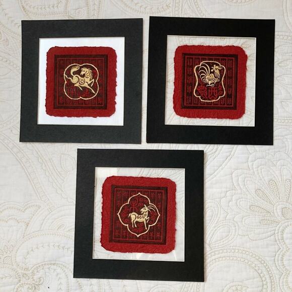 Asian Pressed Paper Set Of 3 Art Pieces On Mats - Picture 1 of 12